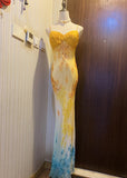 Yellow Spaghetti Straps Sheath Chiffon Long Prom Dresses Vintage Beaded Evening Dress HZ1024