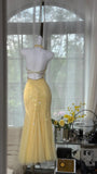Butter Yellow V-neck Mermaid Tulle Beaded Long Prom Dresses Vintage Evening Dress with Open Back HZ1024