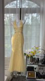 Butter Yellow V-neck Mermaid Tulle Beaded Long Prom Dresses Vintage Evening Dress with Open Back HZ1024