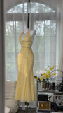 Butter Yellow V-neck Mermaid Tulle Beaded Long Prom Dresses Vintage Evening Dress with Open Back HZ1024