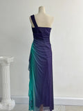 Navy Blue One Shoulder Sheath Chiffon Prom Dress Formal Elegant Evening Gowns HZ1024