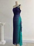 Navy Blue One Shoulder Sheath Chiffon Prom Dress Formal Elegant Evening Gowns HZ1024