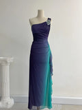 Navy Blue One Shoulder Sheath Chiffon Prom Dress Formal Elegant Evening Gowns HZ1024