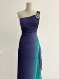Navy Blue One Shoulder Sheath Chiffon Prom Dress Formal Elegant Evening Gowns HZ1024