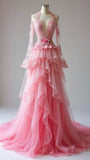Pink V-Neck A-Line Long Sleeve Layered Tulle Long Wedding Dress HZ1024