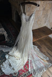 White V-neck A-Line Tulle Beaded Long Prom Dresses Beautiful Trailing Wedding Dress with Sequins HZ1024