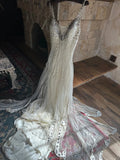 White V-neck A-Line Tulle Beaded Long Prom Dresses Beautiful Trailing Wedding Dress with Sequins HZ1024