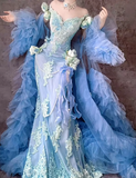 Blue Off Shoulder Mermaid Long Prom Dresses Elegant Tulle Evening Gowns with Appliques HZ1024