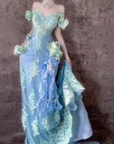 Blue Off Shoulder Mermaid Long Prom Dresses Elegant Tulle Evening Gowns with Appliques HZ1024