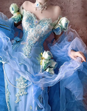 Blue Off Shoulder Mermaid Long Prom Dresses Elegant Tulle Evening Gowns with Appliques HZ1024