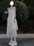 lace stitching white sleeveless suspender dress HZ1024