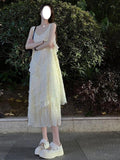 lace stitching white sleeveless suspender dress HZ1024