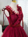 V Neck Tulle Burgundy Long Prom Dress, Burgundy Long Evening Dresses HZ1024