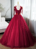 V Neck Tulle Burgundy Long Prom Dress, Burgundy Long Evening Dresses HZ1024