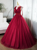 V Neck Tulle Burgundy Long Prom Dress, Burgundy Long Evening Dresses HZ1024