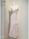 Pink V-neck Sheath Chiffon Prom Dresses Elegant Birthday Evening Gowns with Ruffles HZ1024