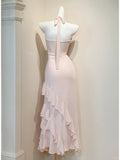 Pink V-neck Sheath Chiffon Prom Dresses Elegant Birthday Evening Gowns with Ruffles HZ1024