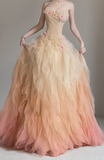 Gradient Orange Strapless A-Line Tulle Long Prom Dresses Evening Gowns for Quincea?era HZ1024