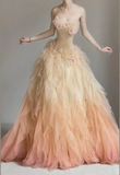Gradient Orange Strapless A-Line Tulle Long Prom Dresses Evening Gowns for Quincea?era HZ1024