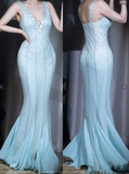 Blue V Neck Mermaid Evening Dress Elegant Beaded Chiffon Long Prom Dresses HZ1024