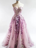 Pink Sweetheart Neck A-Line Tulle Applique Long Prom Dresses Gorgeous Wedding Dress HZ1024