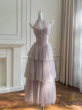 Light Purple V-Neck A-Line Layered Tulle Point Long Prom Dresses Sweet 16 Evening Dress HZ1024