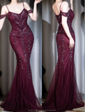 Spaghetti Straps Mermaid Vintage Long Evening Dress Chiffon Prom Dresses with Beading HZ1024