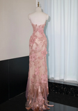 Pink Strapless Mermaid Evening Gowns with Embroidered Appliques Stunning Prom Dresses with Beading HZ1024