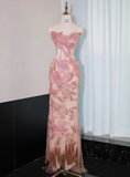 Pink Strapless Mermaid Evening Gowns with Embroidered Appliques Stunning Prom Dresses with Beading HZ1024