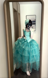Turquoise Square Neck A-Line Layered Tulle Long Prom Dress for Graduation Prom & Quincea?era HZ1024