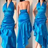 Blue Halter Neck Sheath Layered Satin Prom Dresses Vintage Evening Gowns HZ1024