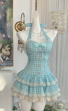 Blue Plaid Halter A-Line Short Dress Outdoor Party Outfit HZ1024