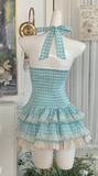 Blue Plaid Halter A-Line Short Dress Outdoor Party Outfit HZ1024