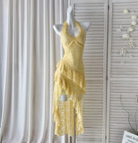 Butter Yellow Halter Neck A-Line Lace Short Party Dress Simple Evening Dress HZ1024