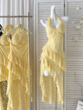 Butter Yellow Halter Neck A-Line Lace Short Party Dress Simple Evening Dress HZ1024