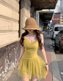 Yellow Strap Tulle Short Summer Dress HZ1024