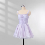 Purple Square Neck A-Line Tulle Short Evening Dress for Birthday Cute Homecoming Dress HZ1024