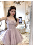 Purple Square Neck A-Line Tulle Short Evening Dress for Birthday Cute Homecoming Dress HZ1024