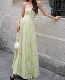 Green Strapless A-Line Tulle Lace Long Evening Gown Birthday Party Dress HZ1024