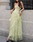 Green Strapless A-Line Tulle Lace Long Evening Gown Birthday Party Dress HZ1024