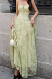 Green Strapless A-Line Tulle Lace Long Evening Gown Birthday Party Dress HZ1024