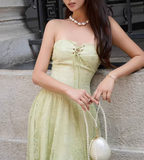 Green Strapless A-Line Tulle Lace Long Evening Gown Birthday Party Dress HZ1024