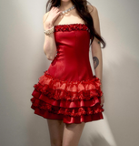 Red Strapless Sheath Layered Satin Short Prom Dresses Outdoor Party Outfit HZ1024
