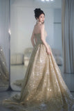Elephant V-neck A-Line Tulle Sequins Beaded Long Prom Dresses Formal Evening Gowns HZ1024