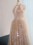 Elephant V-neck A-Line Tulle Sequins Beaded Long Prom Dresses Formal Evening Gowns HZ1024