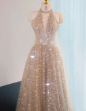Elephant V-neck A-Line Tulle Sequins Beaded Long Prom Dresses Formal Evening Gowns HZ1024
