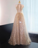 Elephant V-neck A-Line Tulle Sequins Beaded Long Prom Dresses Formal Evening Gowns HZ1024