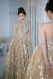 Elephant V-neck A-Line Tulle Sequins Beaded Long Prom Dresses Formal Evening Gowns HZ1024