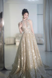 Elephant V-neck A-Line Tulle Sequins Beaded Long Prom Dresses Formal Evening Gowns HZ1024