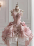 Pink Spaghetti Straps A-Line Lolita Tulle Lace Prom Dresses with Beading HZ1024